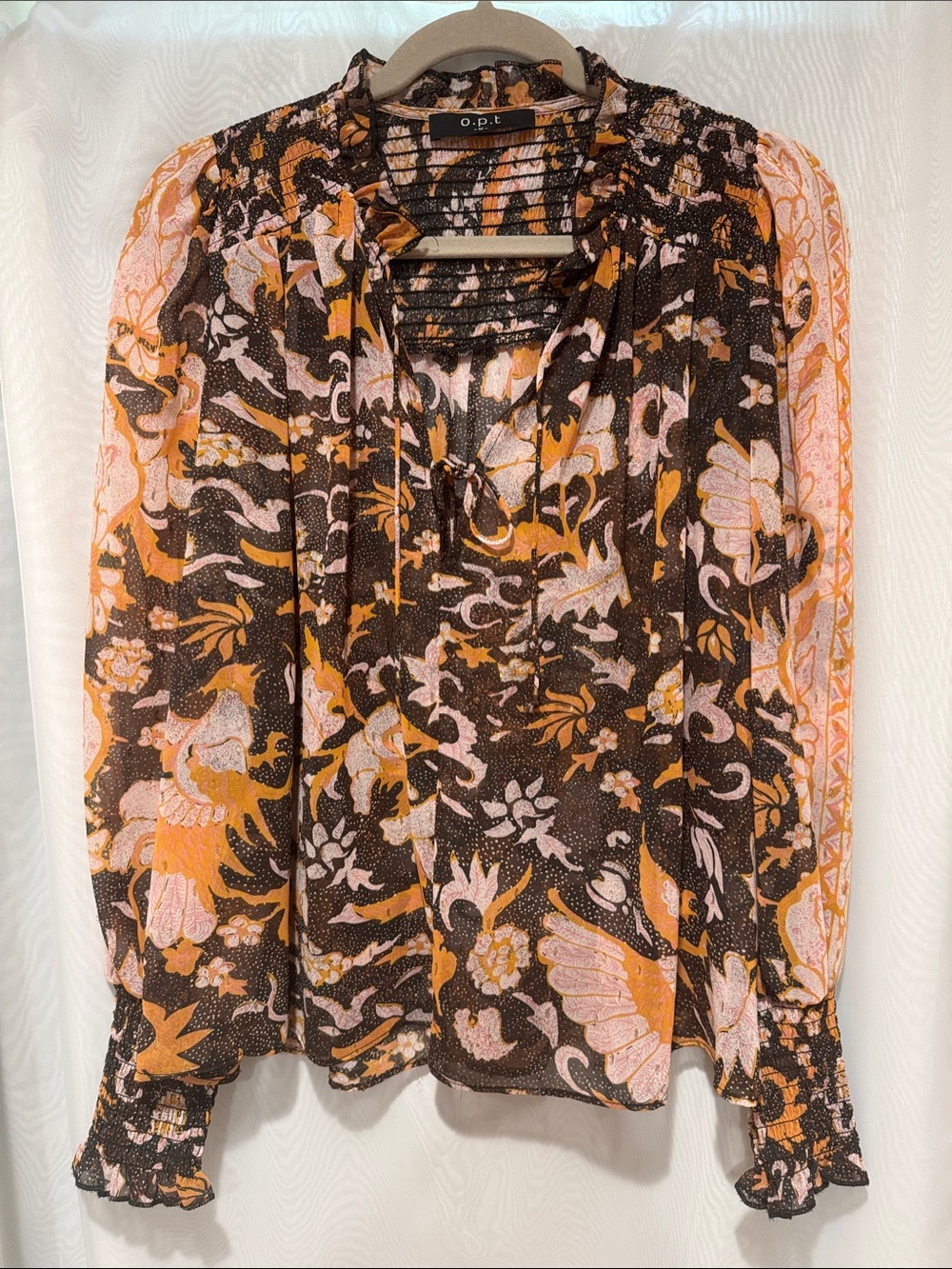 o.p.t. Floral Tie-Neck Blouse in Brown, Pink & Mustard